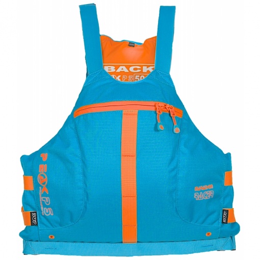 Peak Paddle Sports Marathon Racer vest Front View in the Blue with orange trim Colour way shows pocket details