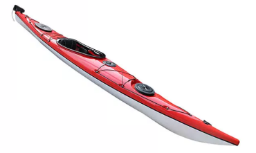 Surge Quest Ultra Light Sea Kayak 16 Red Deck white Hull 3 quarter view.