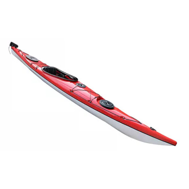 Surge Quest Ultra Light Sea Kayak 16 Red Deck white Hull 3 quarter view.