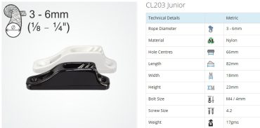 Shows dimensions of the KajakSport Micro Cleat 82mm Suits 3-6mm Cord Bag of 2 Made in England