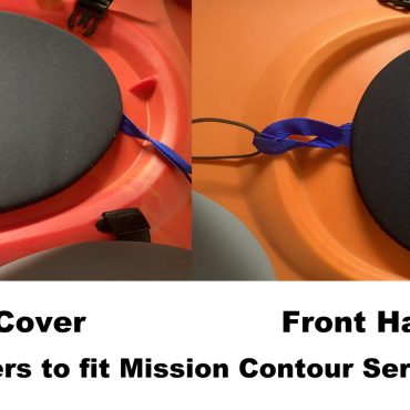 Shows picture of the front and rear hatch with a neopen cover in place. Label says set of 2 covers for Mission contour series kayaks.