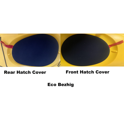 Picture showing both the Neoprene Hatch Covers on theEco Bezhig they are labelled for the Front and Rear