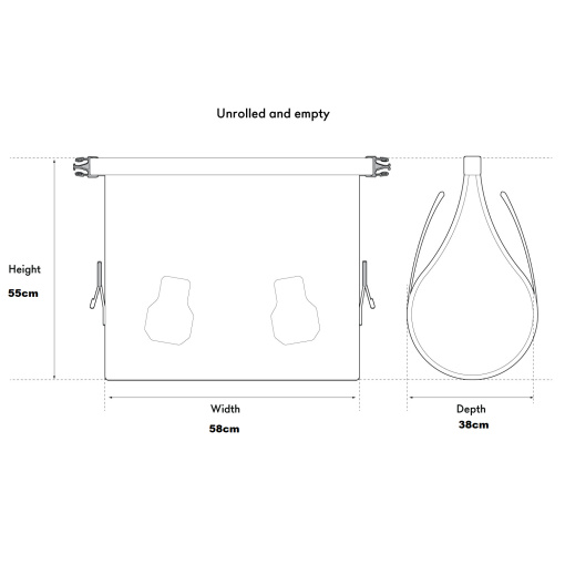 Line diagram showing dimensions of the empty bag H 55cm W 58cm D 38cm