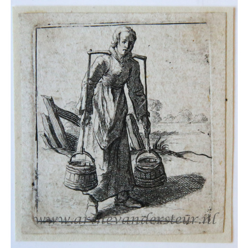 A picture of an etching showing a person carrying two buckets on a yoke