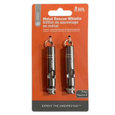 Metal Rescue Whistle 2 Pack in packaging -Pair of silver coloured whistles on a backing card