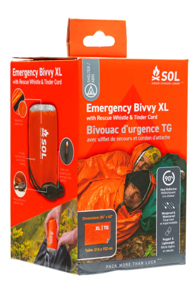 SOL Emergency Bivvy XL Survival Orange packaging 3 quarter front on view