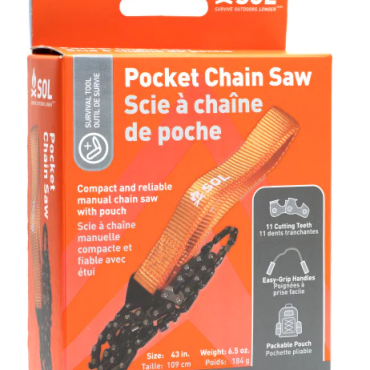 SOL Pocket Chainsaw in packaging shows front view of box