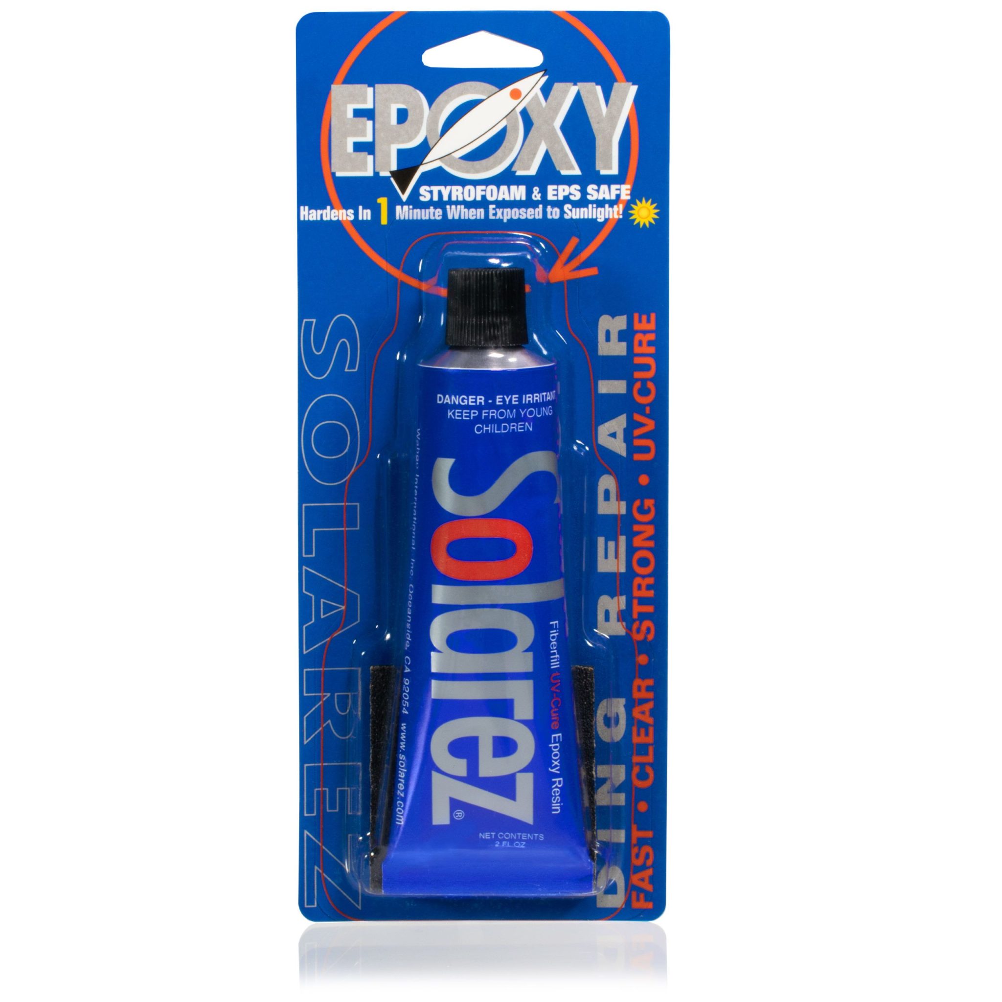 Picture shows Solarrez epoxy ding repair 2oz tube in packaging Front View