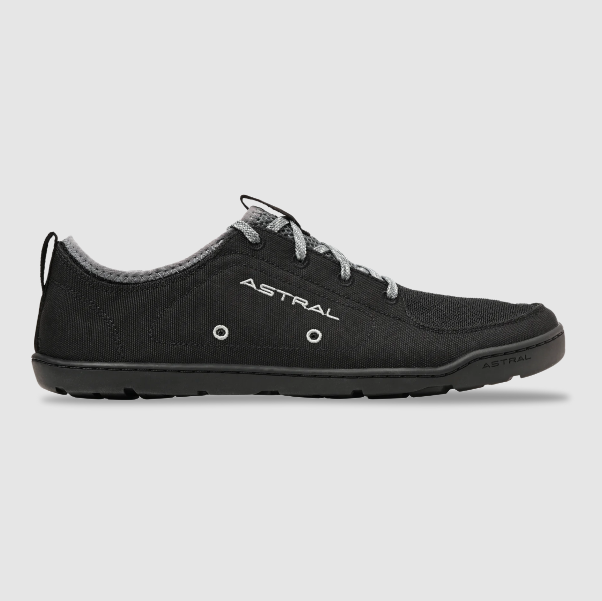 Astral Loyak Men's Shoe in Space Black Colour way. Side View Right Foot