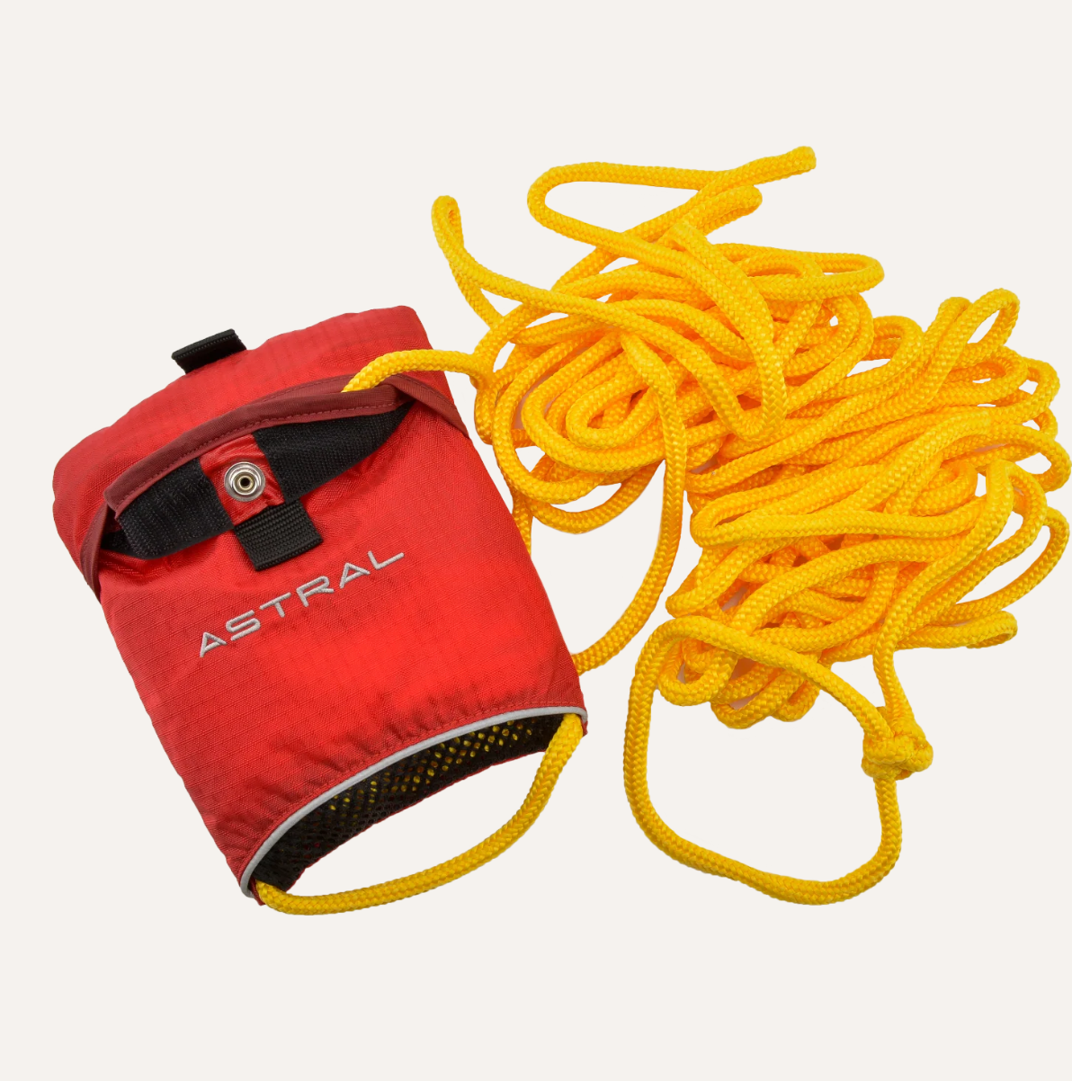 Astral Throw Bag rope pulled out of the back with logo side up